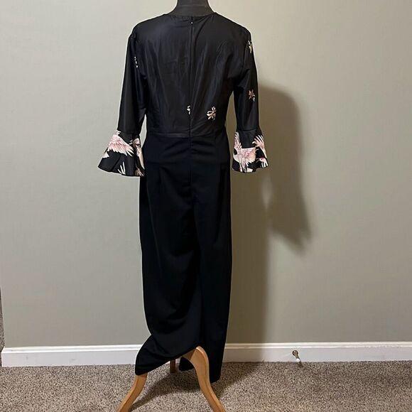 Vintage Women's Black Crane Print Bell Sleeve Jumpsuit - Picture 7 of 12